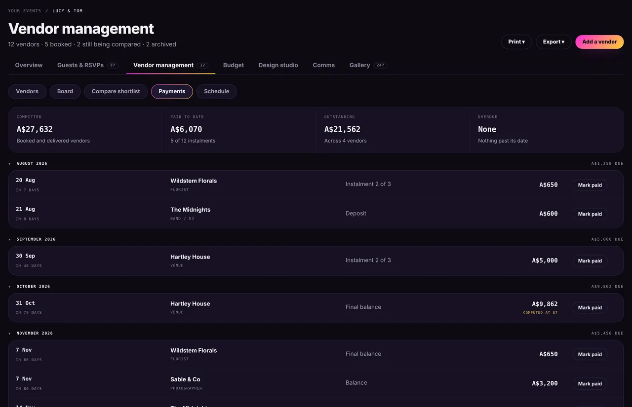 Keovent: Vendors — Payments